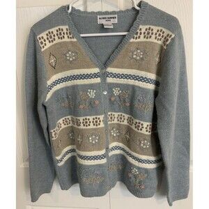 Vintage 90s Cardigan Sweater L Petite Grandmacore Knit Embroidered Fair Isle